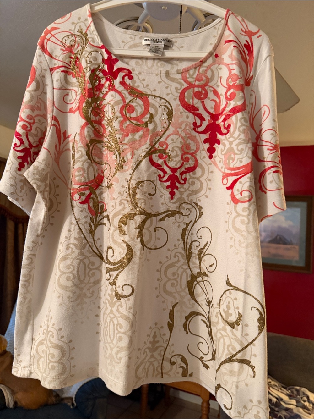 Rebecca Malone White Tee with Pink & Gold Scrolls